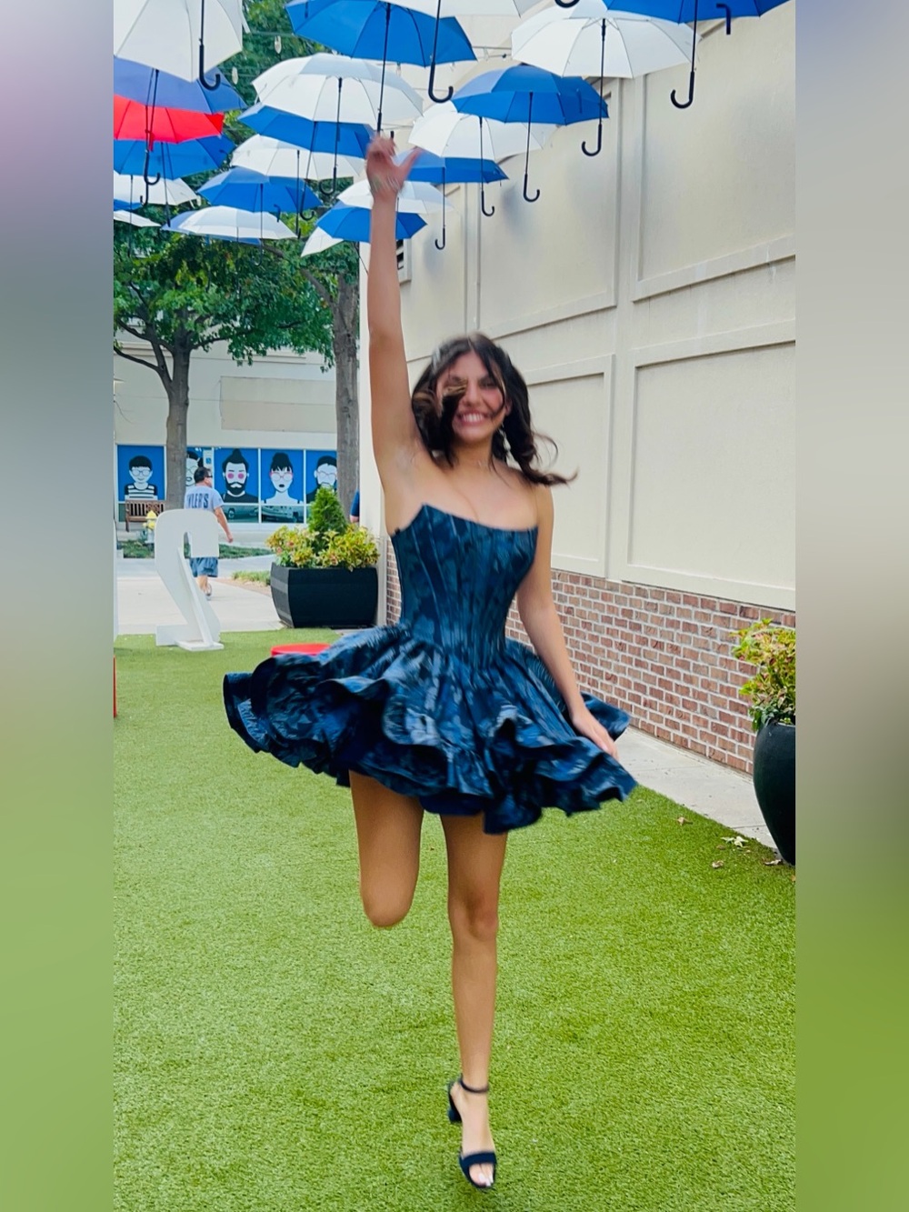 Sherri Hill Navy Teal Iridescent Ruffled Corset Dress